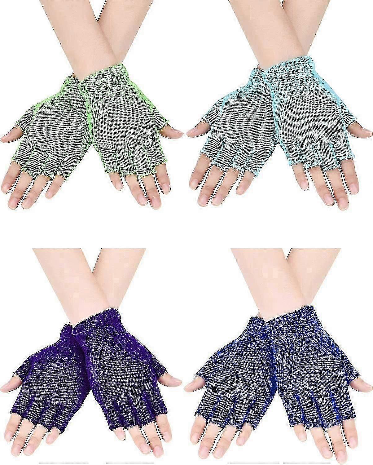 4 Pairs Fingerless Gloves Half Finger Mittens Winter Solid Color Knitted Typing