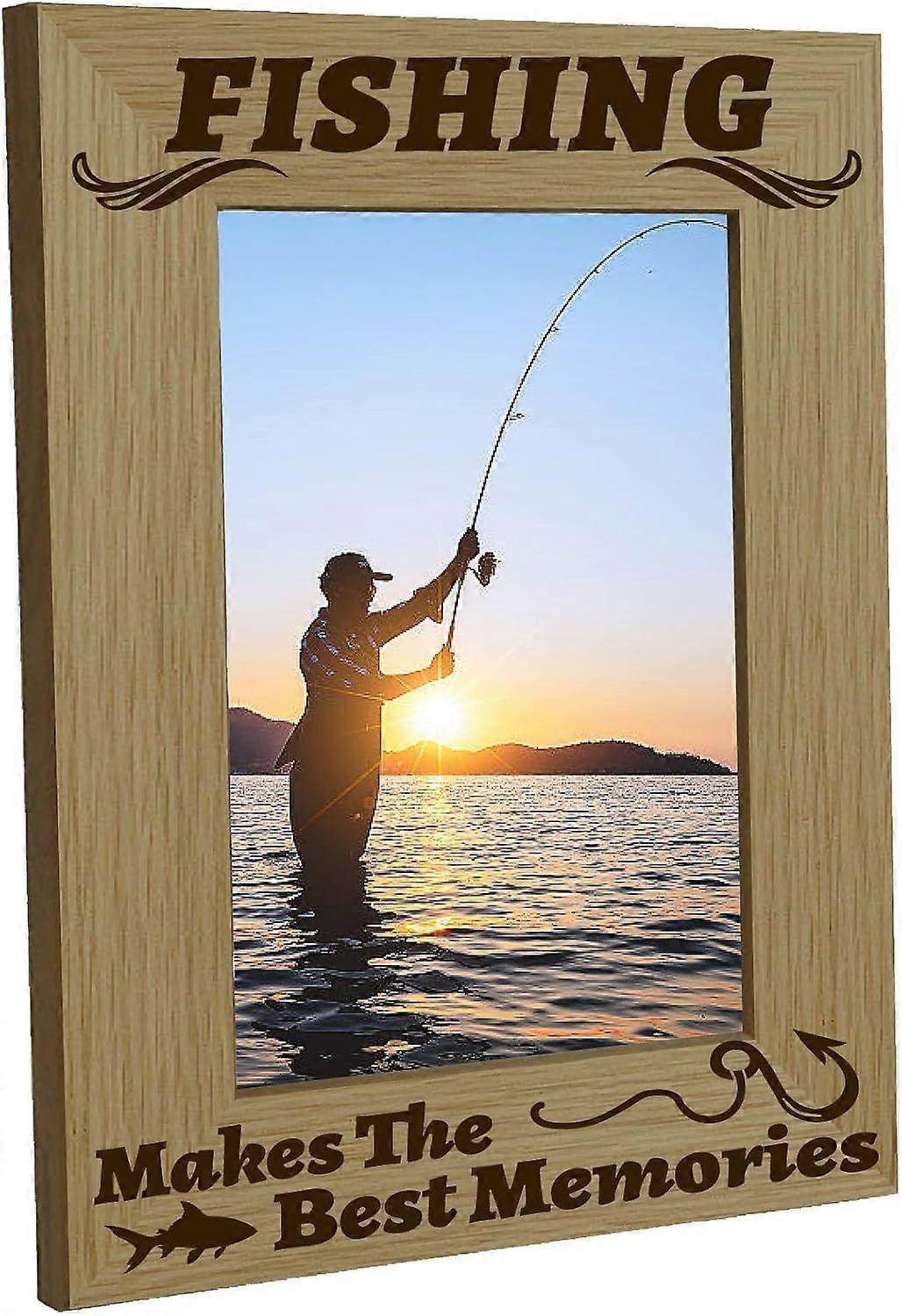 Engraved Wood Picture Frame Fishing Photo Frame Display Pictures 4x6 Wall Mounting Printing Poster Frame Stand for Loss of Loved One Gallery Tabletop