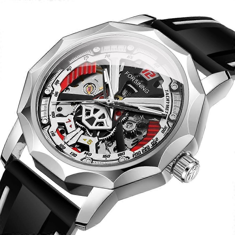 FORSINING Design Fashion Polygon Transparent Skeleton Rubber Band Men Mechanical Watch