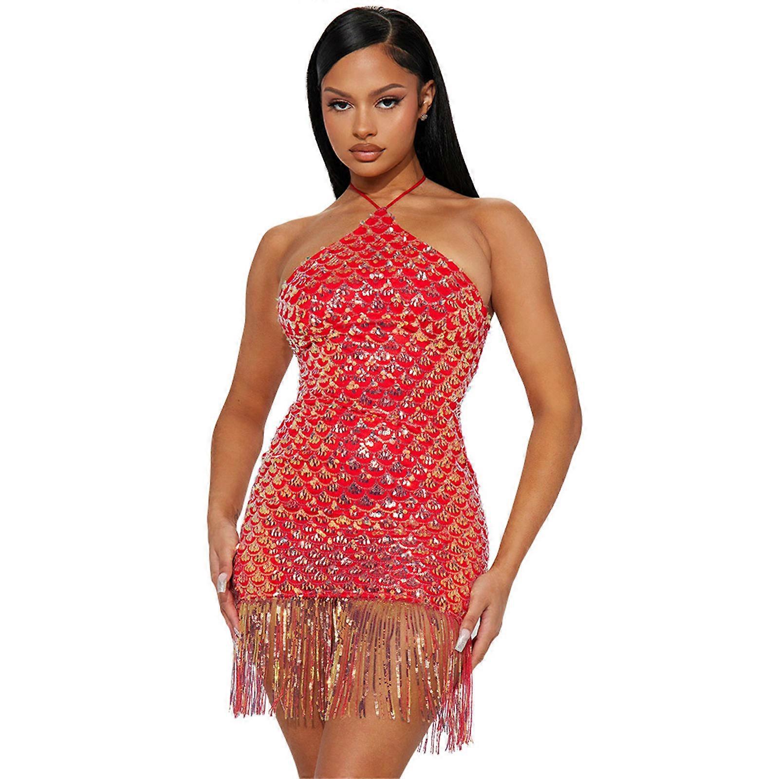 Womens Sexy Sequins Tassels Sleeveless Bodycon Mini Dress Glitter