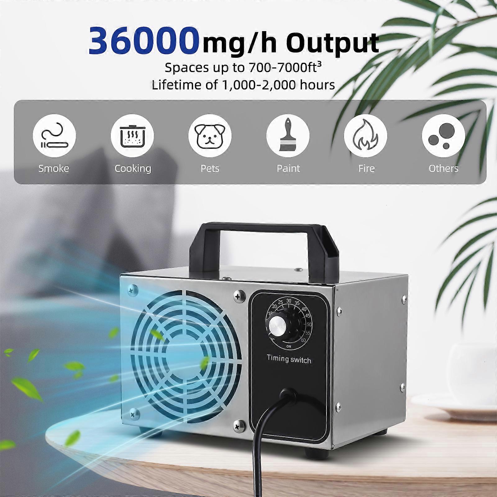 Generator 36,000mg/h Stainless Steel Machine Odor Removal Ionizer Air Purifier Ozone for Home Car Pet with Portable Handle 0-60min Timer