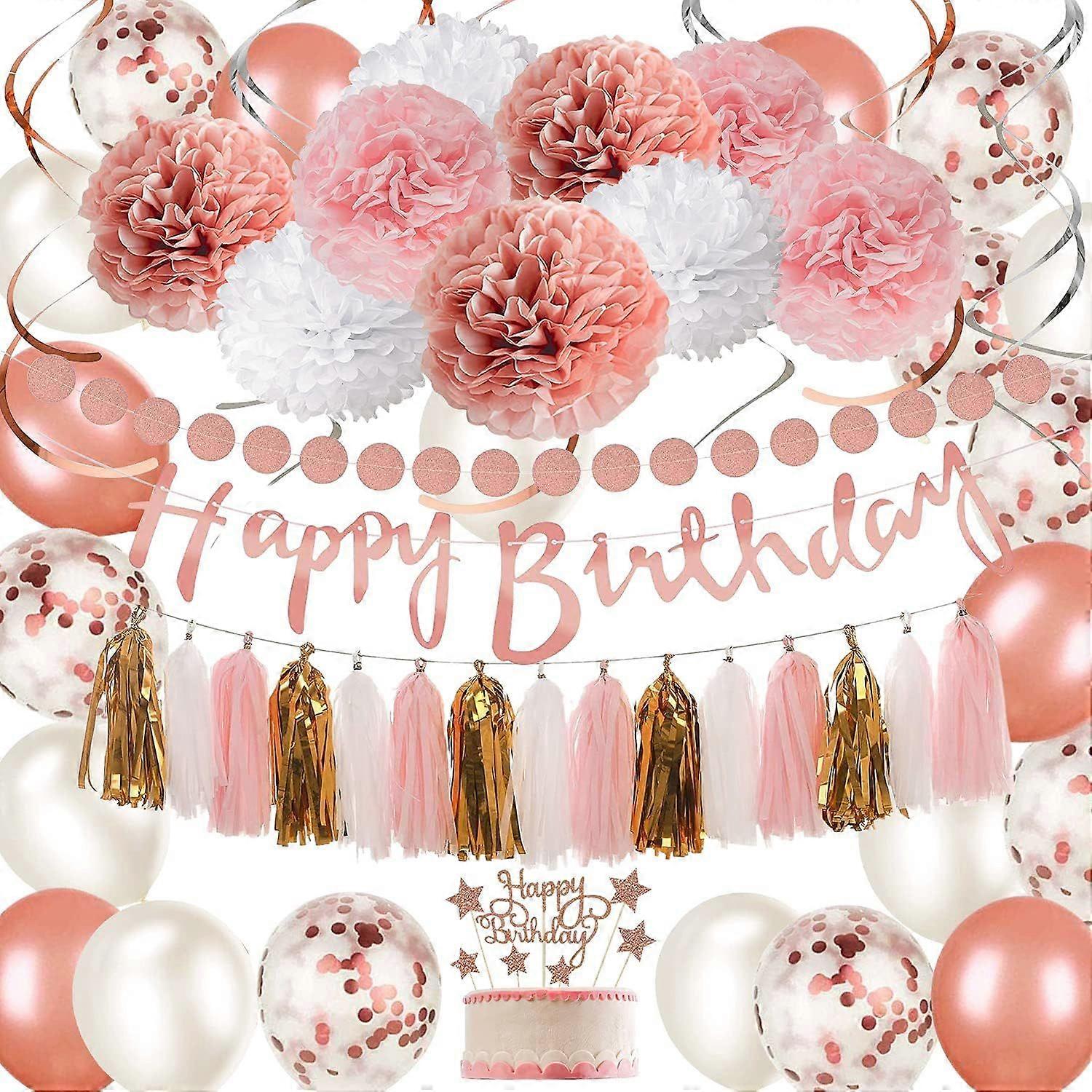 Rose Gold and Pink Birthday Party Decorations Set with Happy Birthday Banner,DIY Cake Topper,Circle Dots Garland,Hanging Swirls,Tissue Paper Pompoms,P