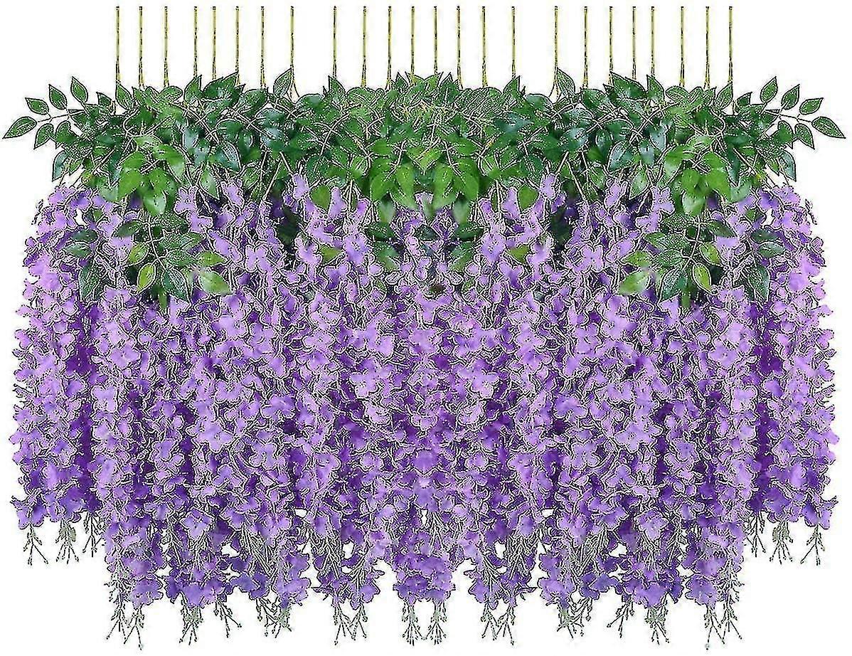 24 adet Yapay Wisteria Asılı İpek Çiçekler - Beyaz ve Mor Düğün Dekoru
