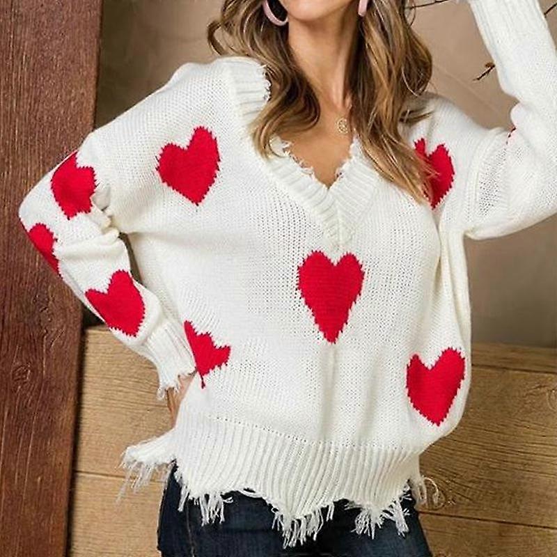 Women's Autumn and Winter Loose Pullover Love Patchwork V-neck Knit Sweater