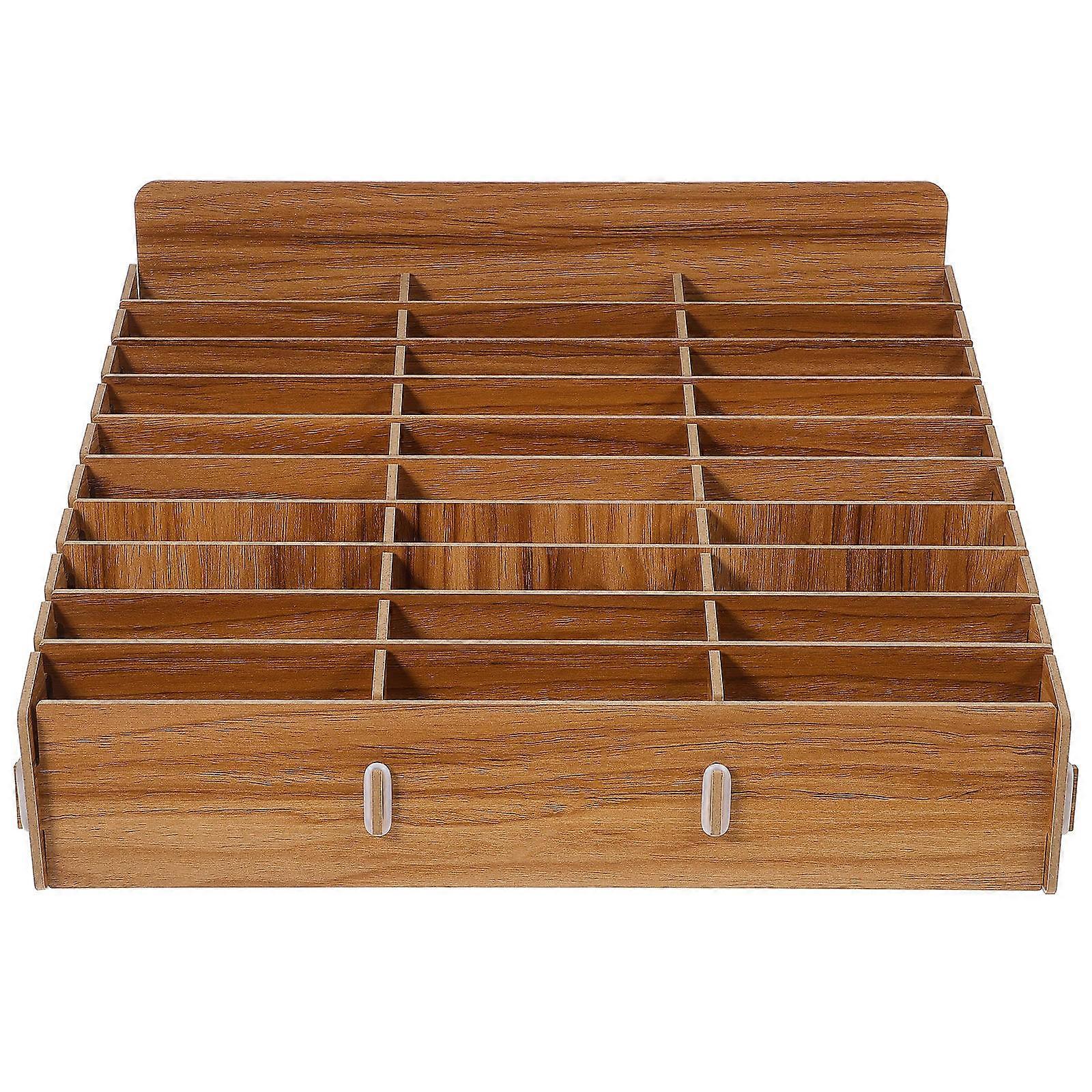 Wooden Cell Phone Storage Box Desktop Organizer Multi Compartment Rustic Mobile Phone Holder Smooth Polished Finish Walnut Color for Office Meeting