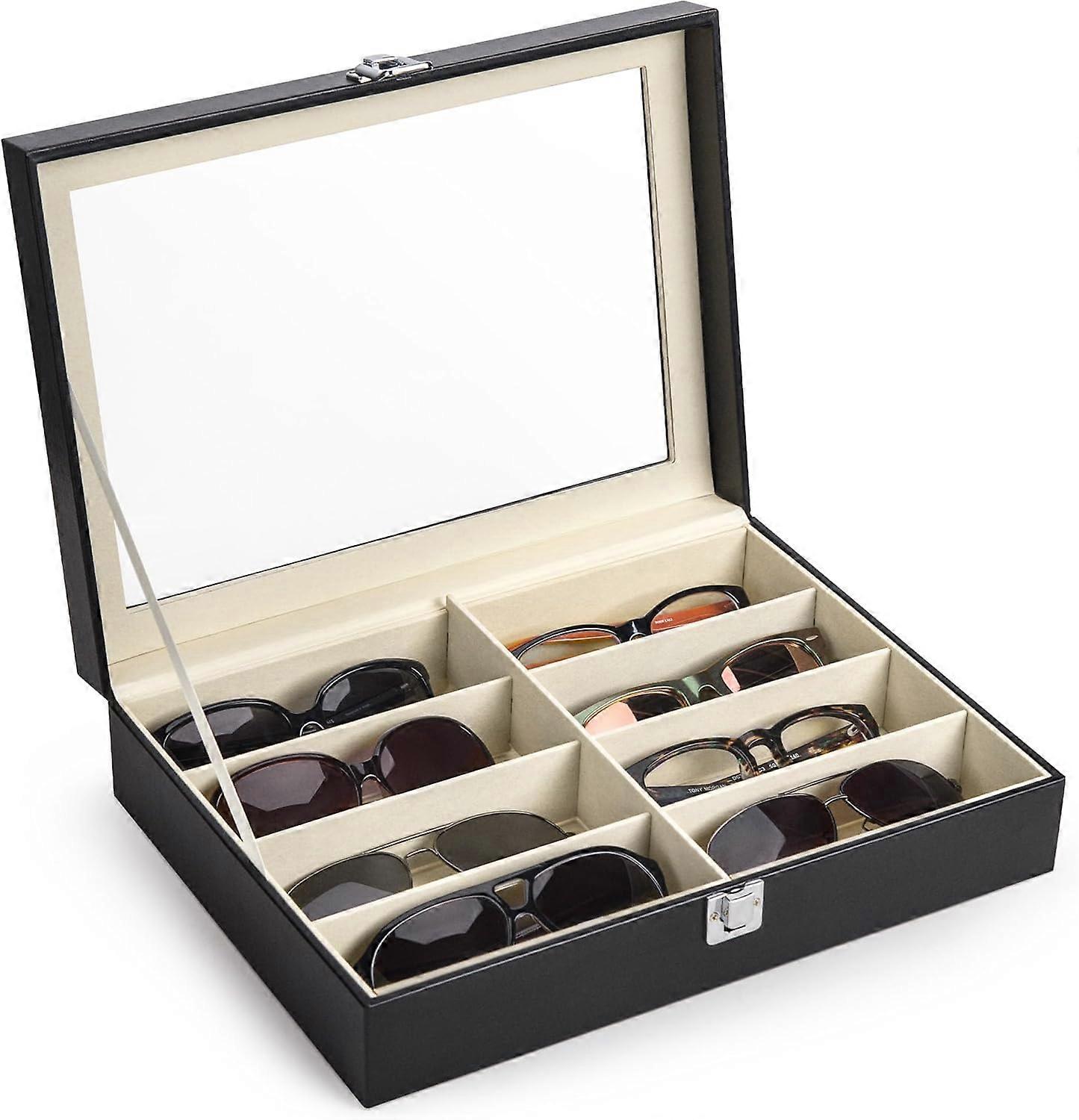 Unisex sunglasses storage box, 8 compartments, made of artificial leather, with a lock, for storing and displaying eyeglasses.
