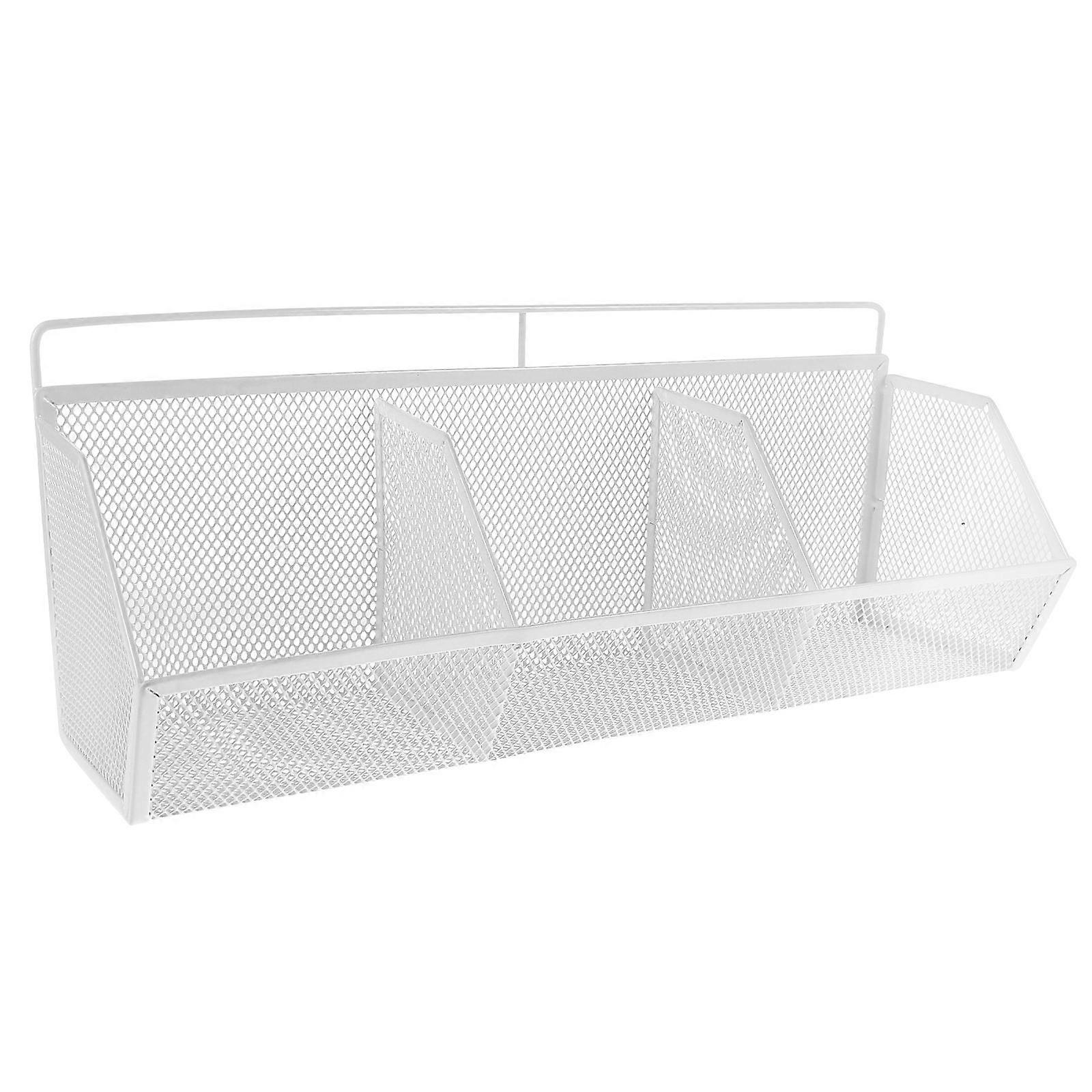 White Wire Mesh File Organizer with Slanted Compartments, Sturdy Iron Office Desk Storage Rack for Documents and Supplies, Wall Mountable Decorative