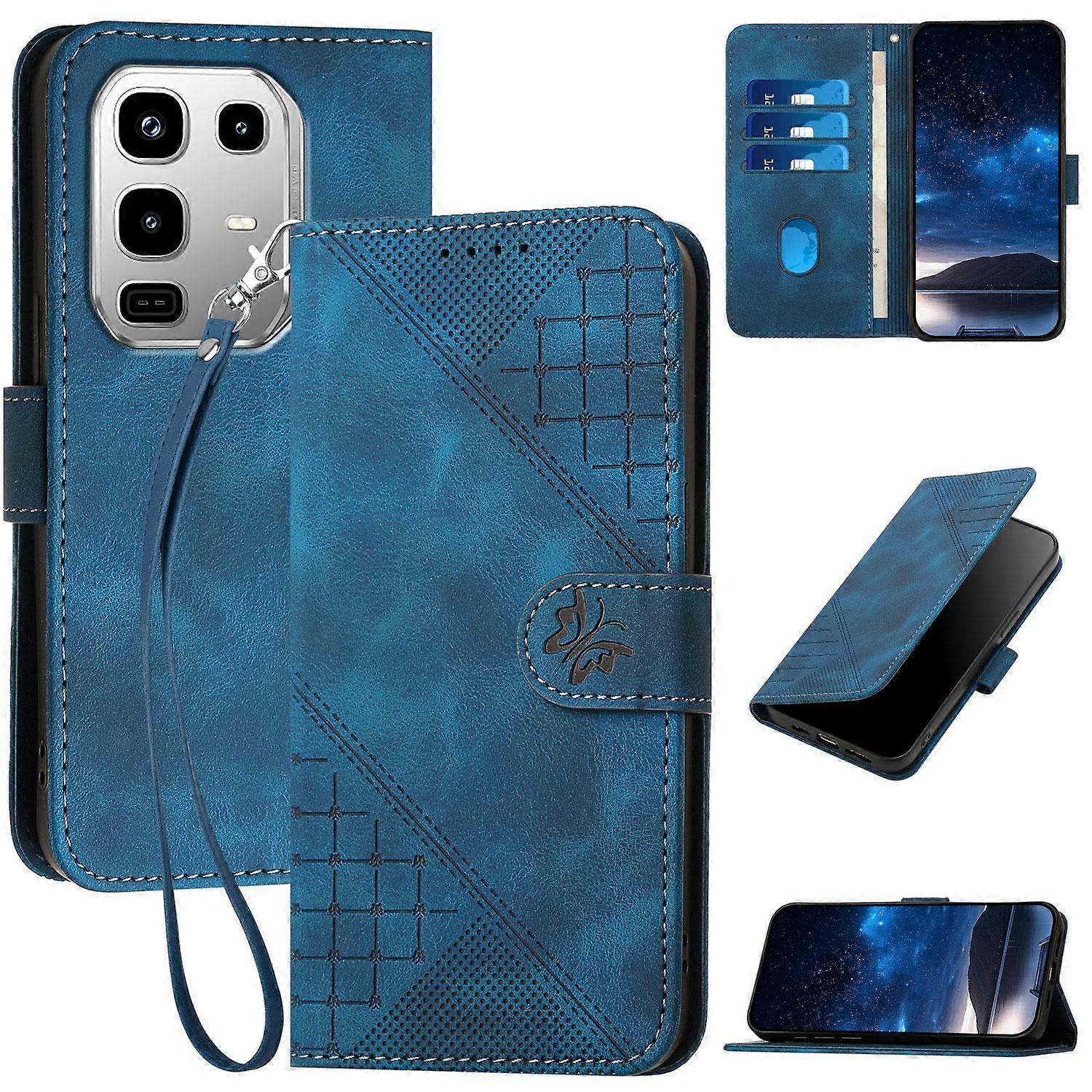 Grid Butterfly Embossed Pattern Leather Phone Case with Lanyard
