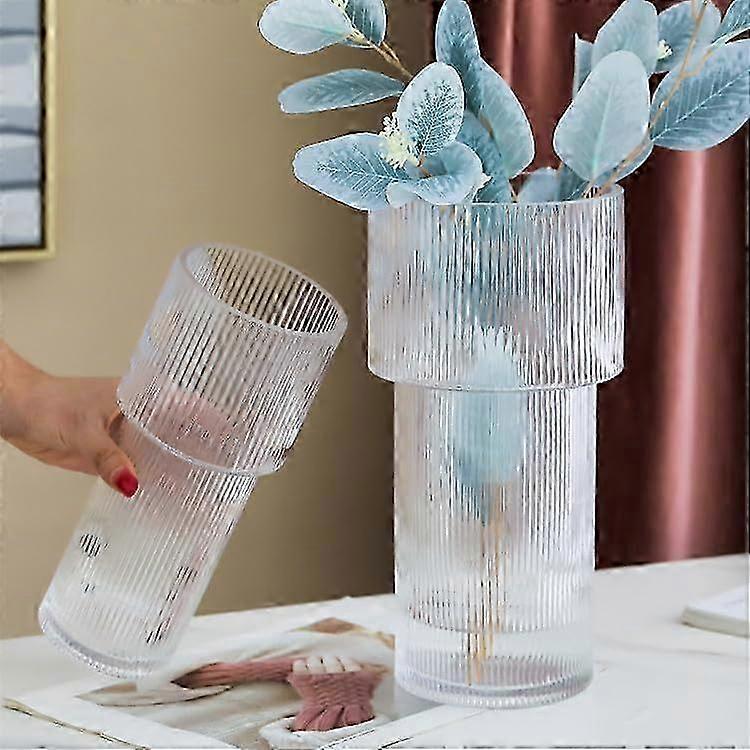 2 Set Ribbed Clear Fluted Tall Modern Vases Suitable for Home Office Wedding Party Celebration 11.6 and 9.7