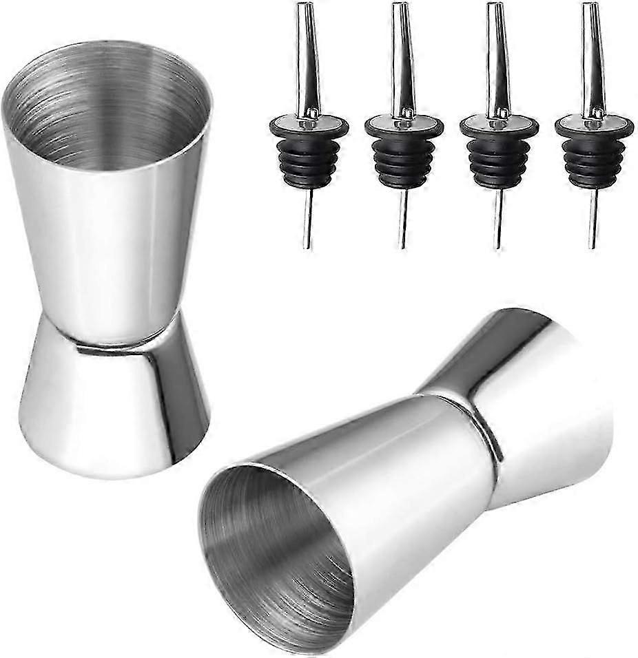 2 Pcs Stainless Steel Shot Measure - Double Jigger Dual Spirit Measure Cup with 4 Pcs Freeflow Pourer for Bar Party