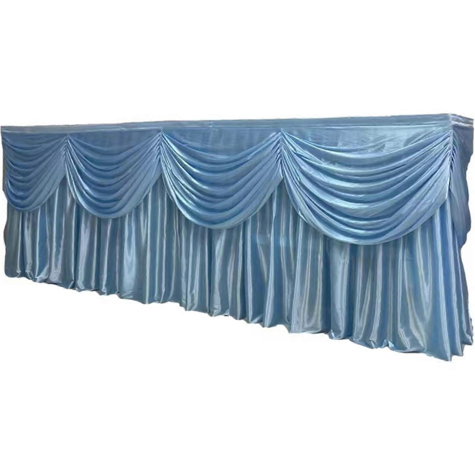 Rectangular White Ice Silk Table Skirt with Ruffles for Weddings, Parties, and Banquets, Light Blue H80xW500CM