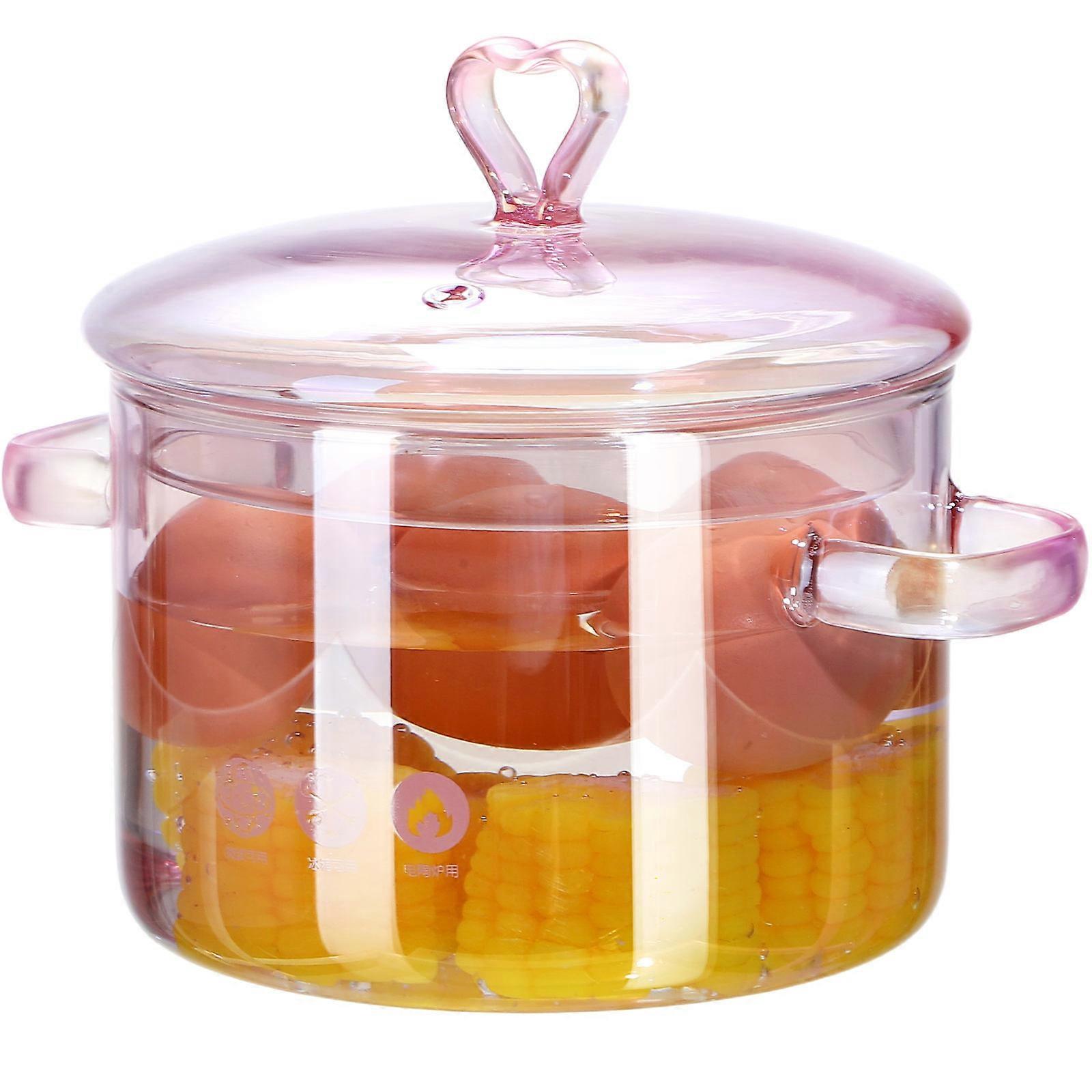 Pink Glass Cooking Pot Household Stew Pot Home Cooking Anti-Scald Square Base 1Set