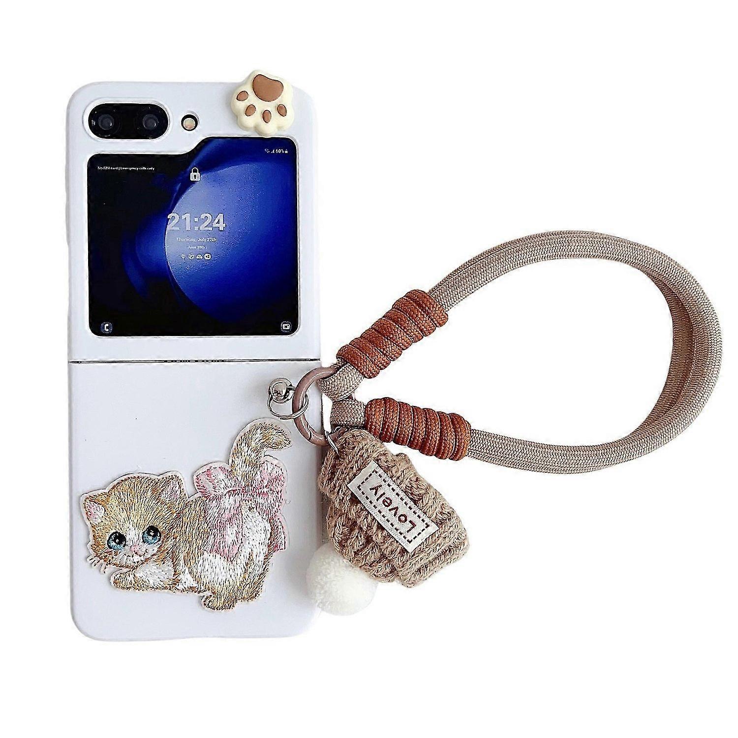 for Samsung Galaxy Z Flip 6 Case with Wrist Strap, Cute Stereoscopic Embroidered Cat Design Phone Ca