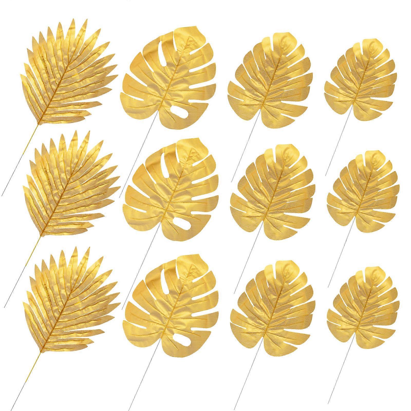 20pcs Artificial Palm Leaves Golden Tropical Leaves With Stems Faux Monstera Leaves For Home Wedding Baby Shower Hawaiian Luau Party Jungle Beach
