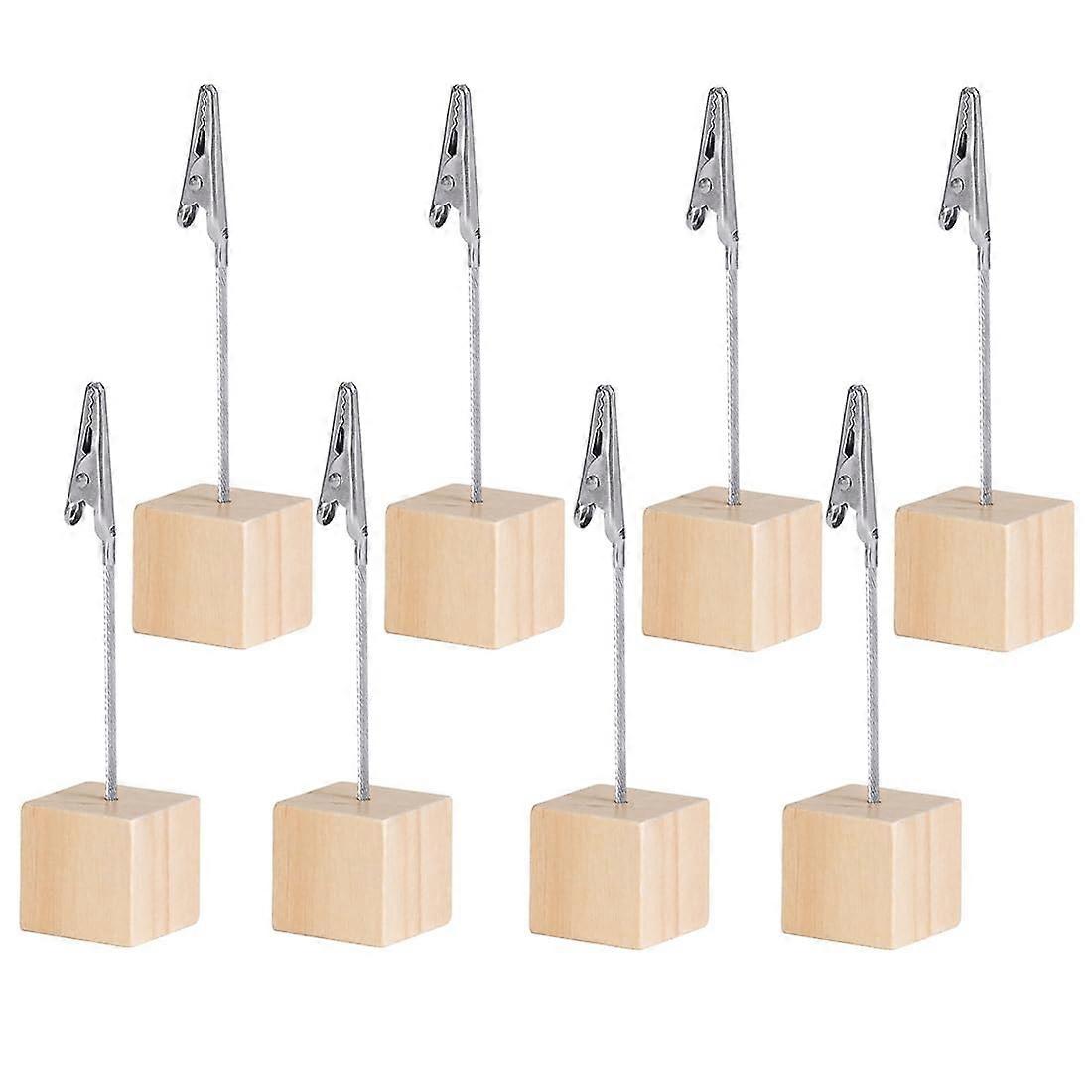 Card Stand - 8 Piece Photo Holder with Wooden Base, Memo Clips, Crocodile Closure, for Pictures, Notes, and Place Cards