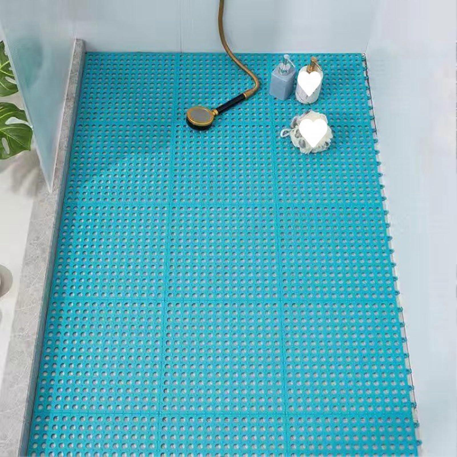 Nonslip interlocking shower floor mat, 30 x 30 cm, 8piece interlocking PVC bath mats, floor mats with round drainage holes (Color: white) (Blue)