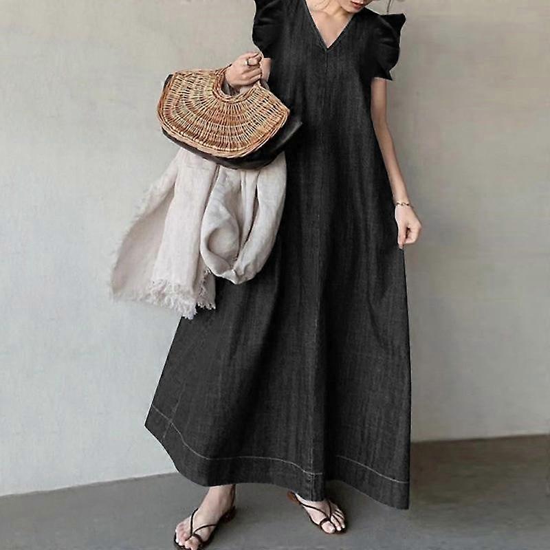 Summer Women's Denim Dress Temperament Commuter V-neck Bohemian Loose Plus Size Long Dresses