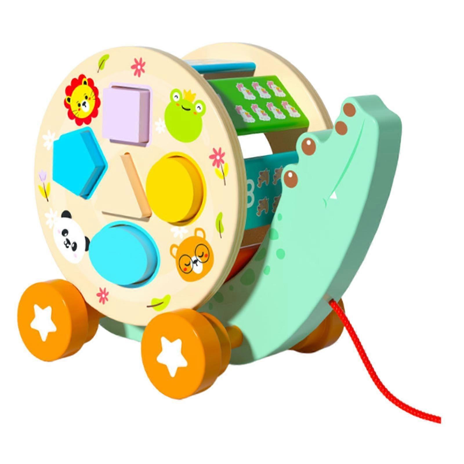 Push and Pull Wooden Toy Crocodile for Kids, Durable Indoor Outdoor Building Blocks, Shape Matching Educational Gift