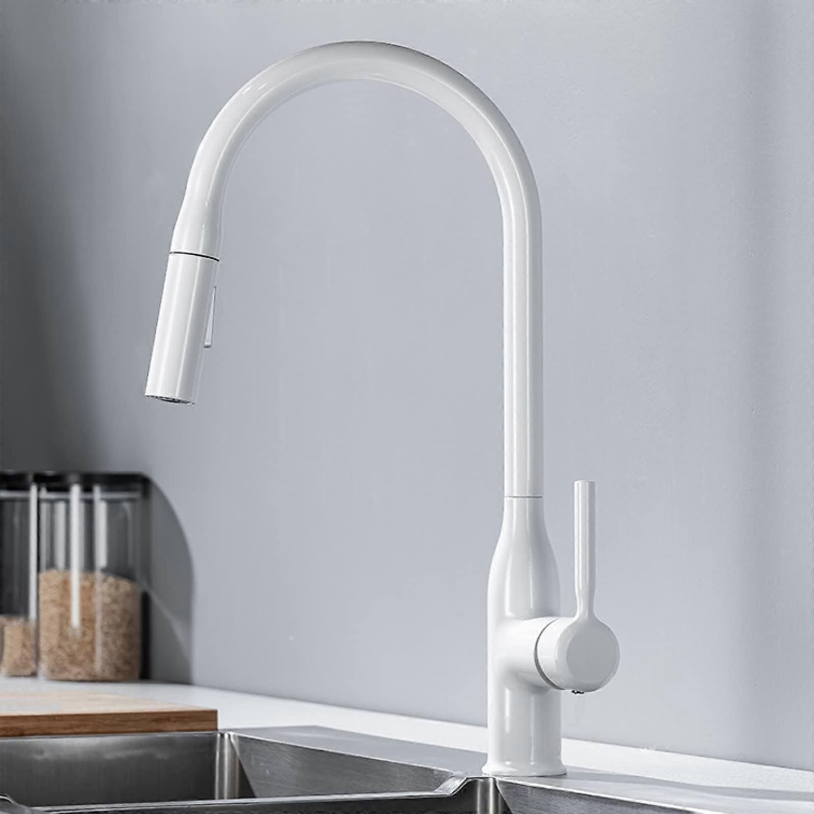 Pull-Down Kitchen Faucet with Dual Water Outlet Modes, 360-Degree Swivel, Single Hole Installation for Herunterz Blanc