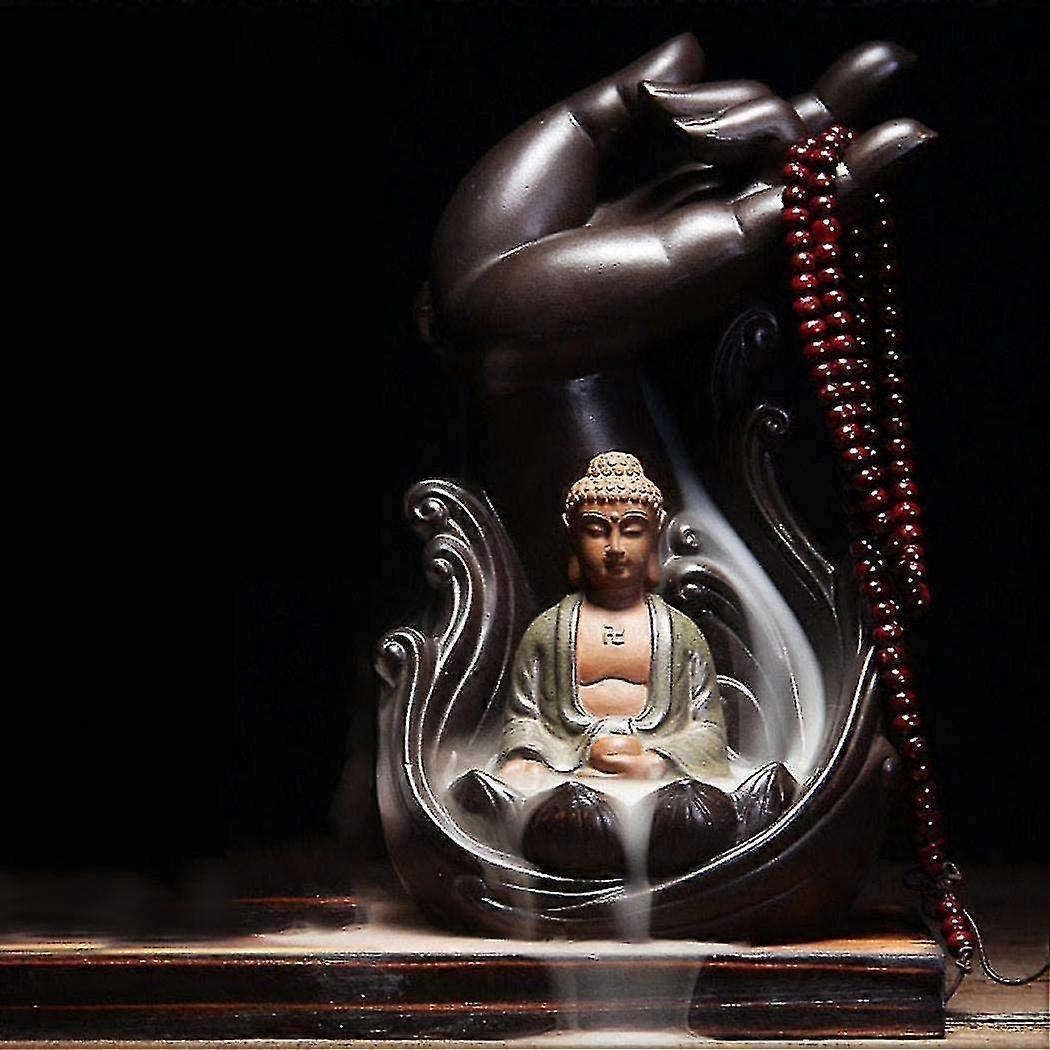 Buddha statue with lotus hand reverse-flow incense burner, Handmade ceramic material, Create a mysterious atmosphere