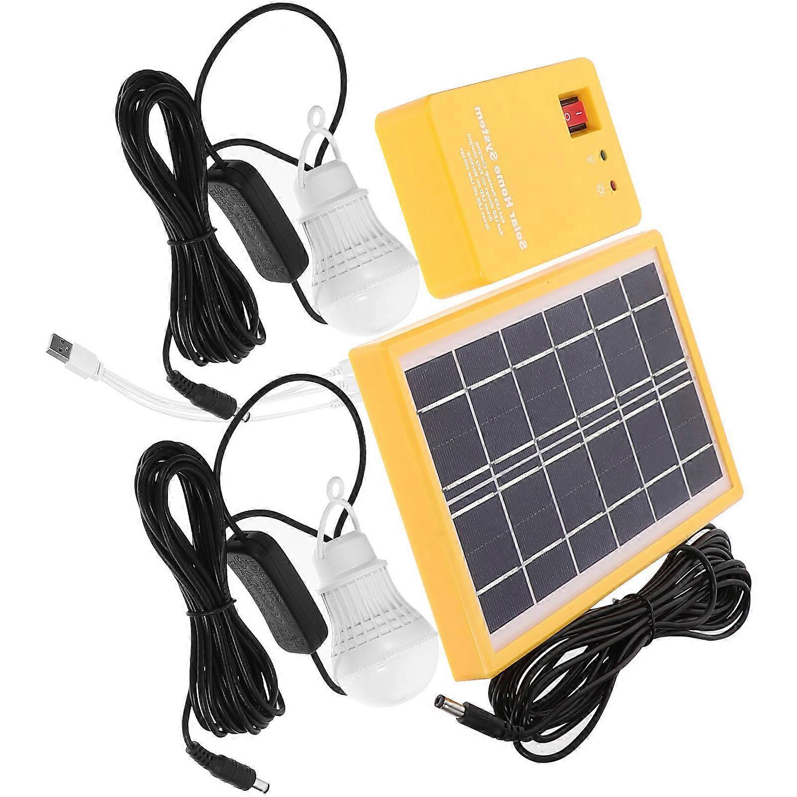 Portable Solar Generator with 2 LED Bulbs for Camping Outdoor Use ABS Yellow 4Ah Battery 5V USB Output