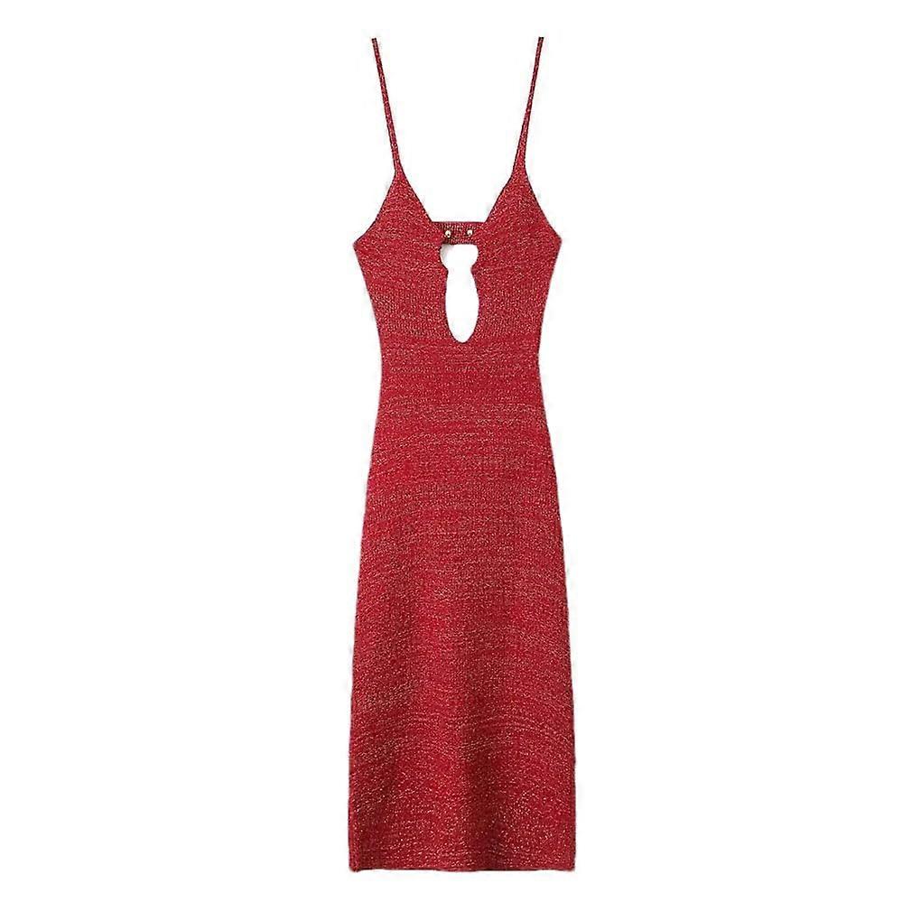 Deep Vneck, open buckle, knitted, backless, strapless dress in red