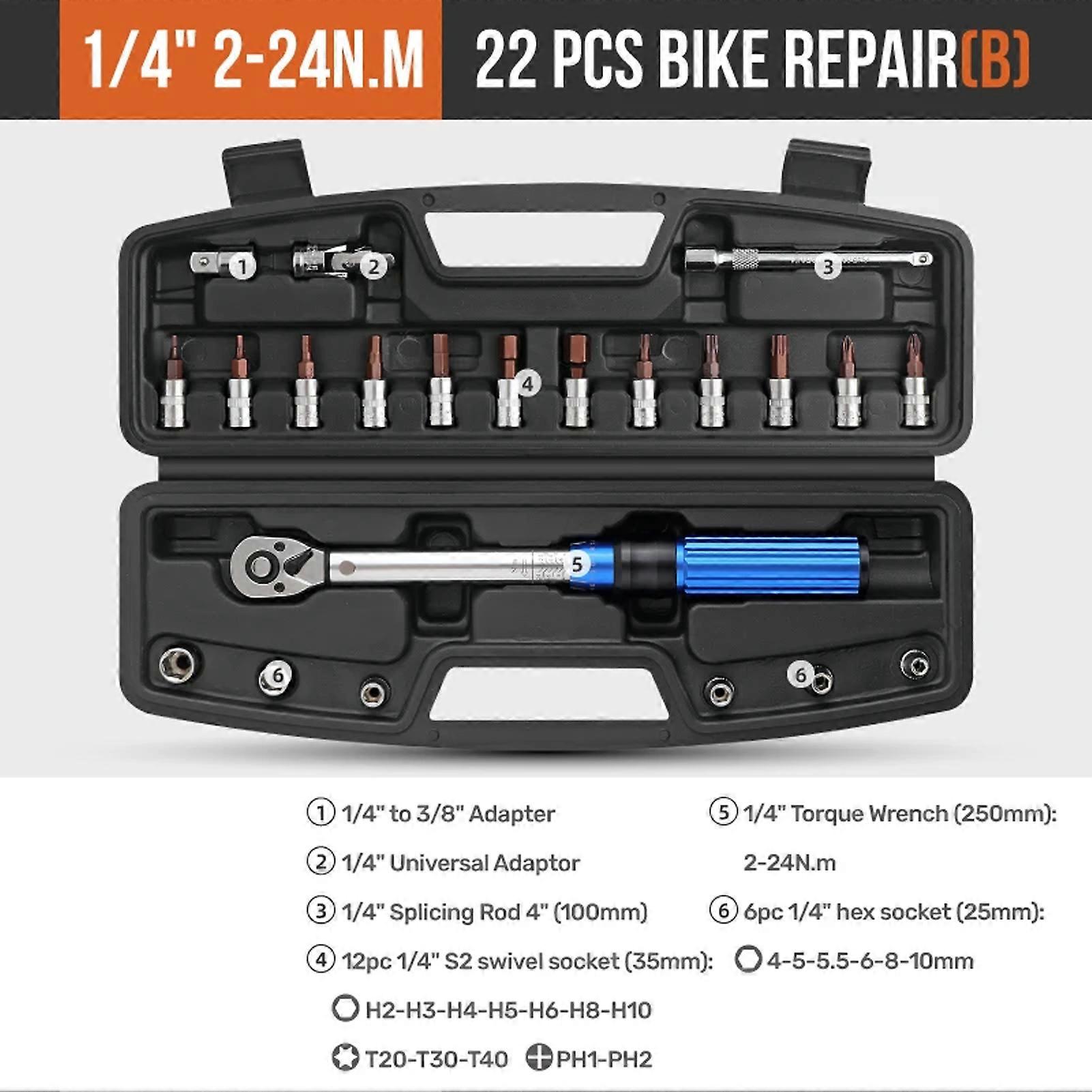 22PCS Bicycle Torque Wrench Set 1/4" Drive with Hex Sockets Extension Bar 2 to 24Nm Adjustable for Road Mountain Bike Maintenance