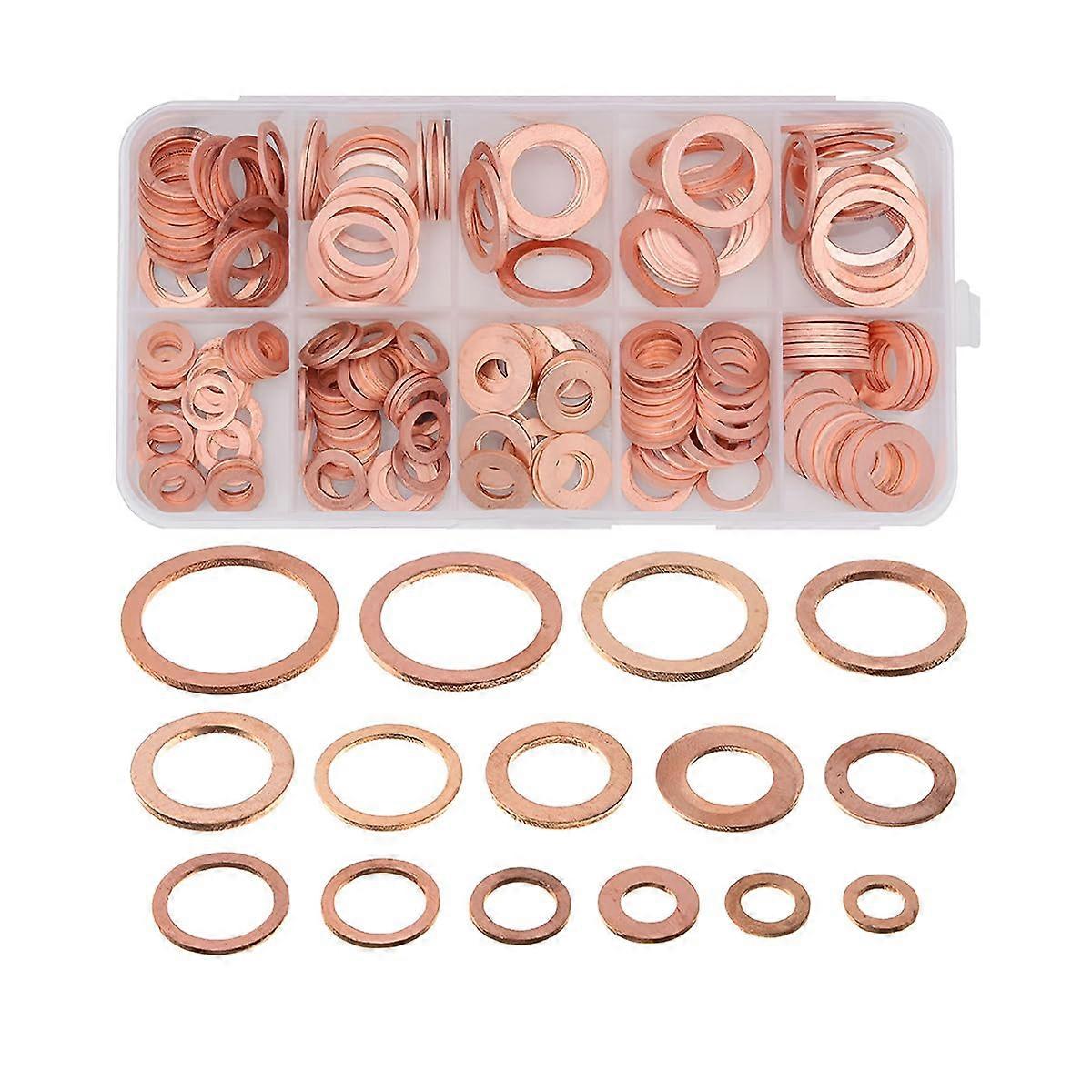 Copper Flat Washer Set, 100 Pieces, Sealing Washers Assortment Kit, 9 Sizes, Metric Sealing Washers