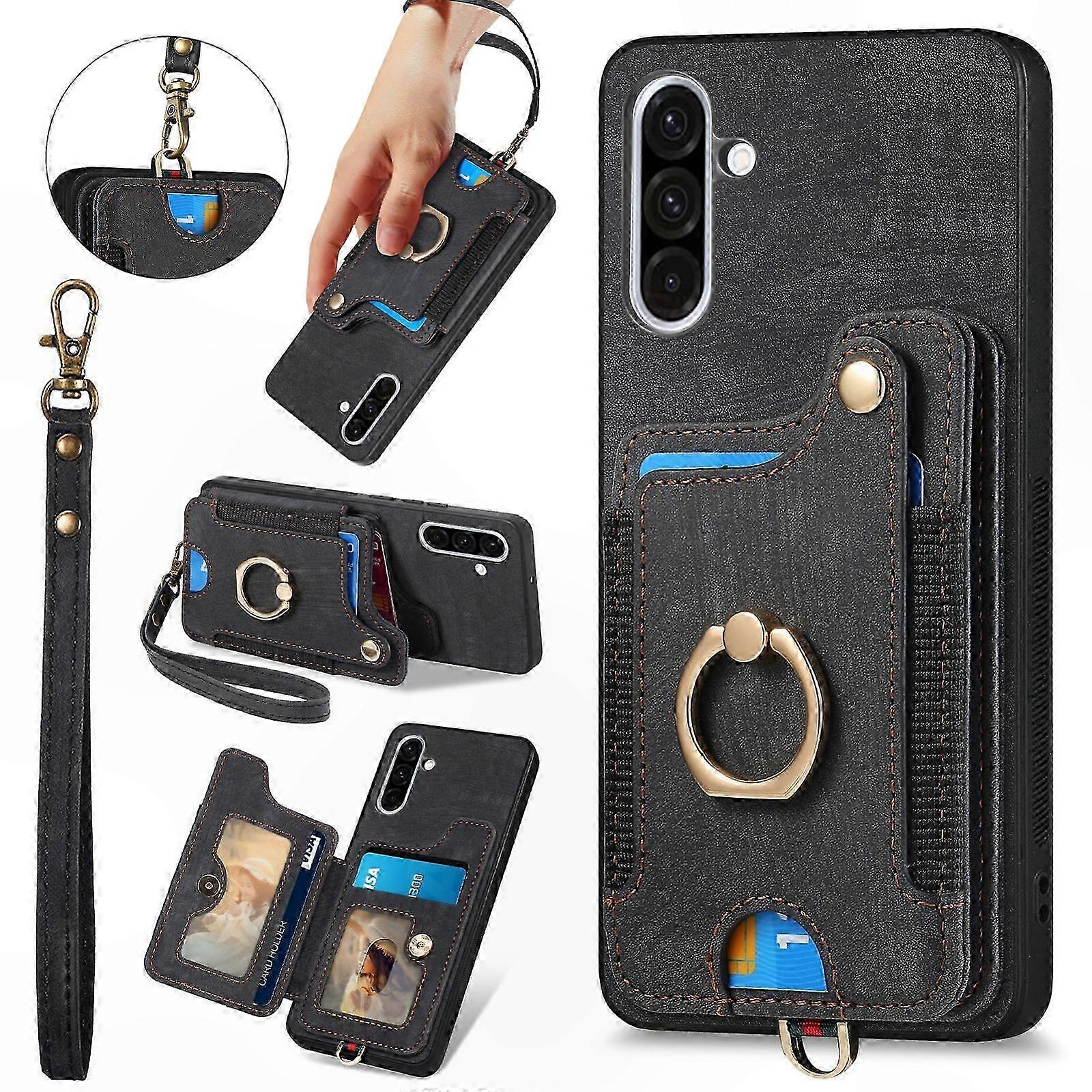 Retro Textured Ring Card Holder Wallet Case for Phone