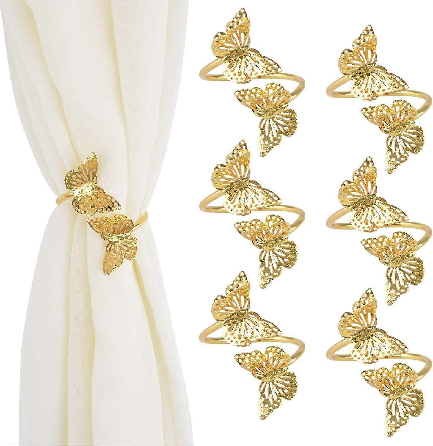 Set of 6 Gold Metal Double Butterfly Curtain Tiebacks for Sheer Curtains, Mosquito Net