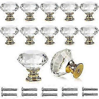 12 Pieces Door Knobs Transparent With Screws30mm (12PCs, Gold)