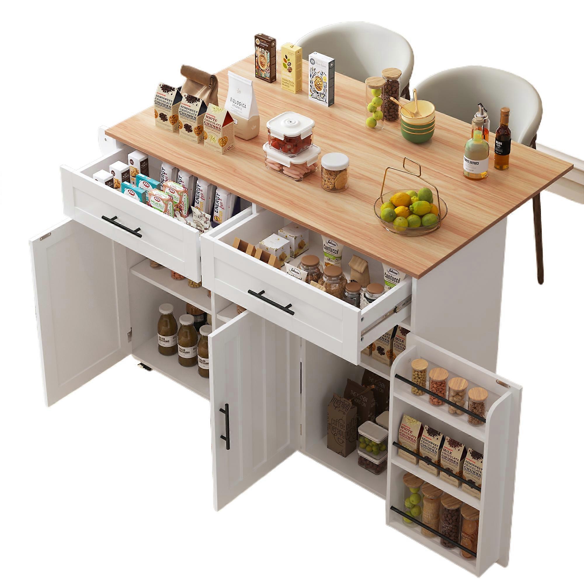 Stor køkkenvogn i massivt træ med bordplade, hvidt skab, foldbart tophjul