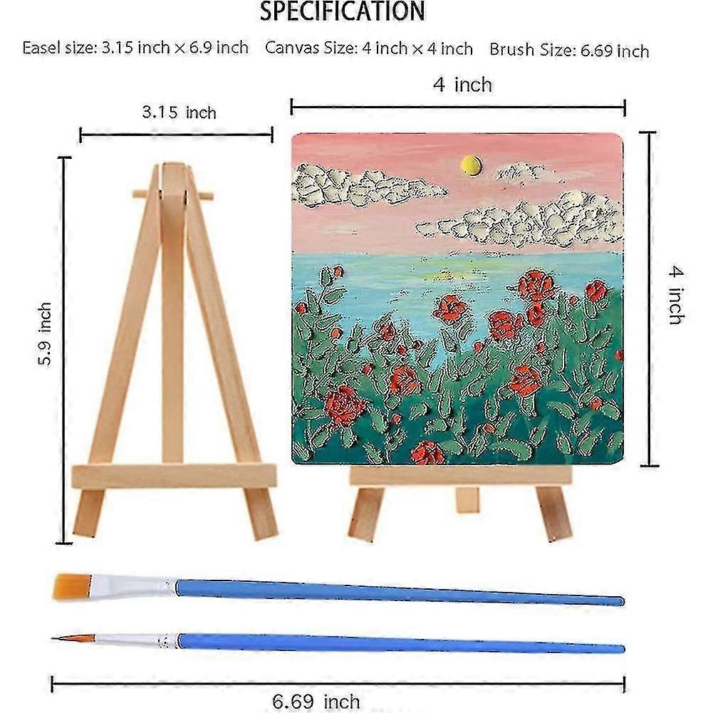 14pcs Mini Canvas And Easel Brush Set, Canvas 4x4 Inch