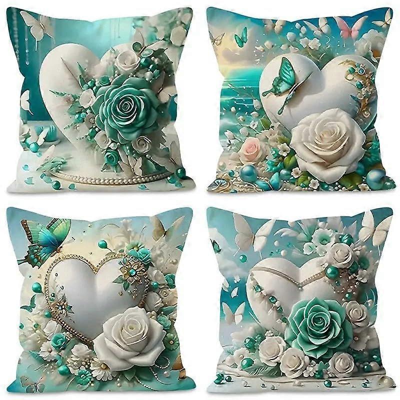 Valentine's Day Pillow Covers 4Piece Set White Rose Print Nordic Style Zipper 45x45cm Polyester For Sofa No Insert White Mix