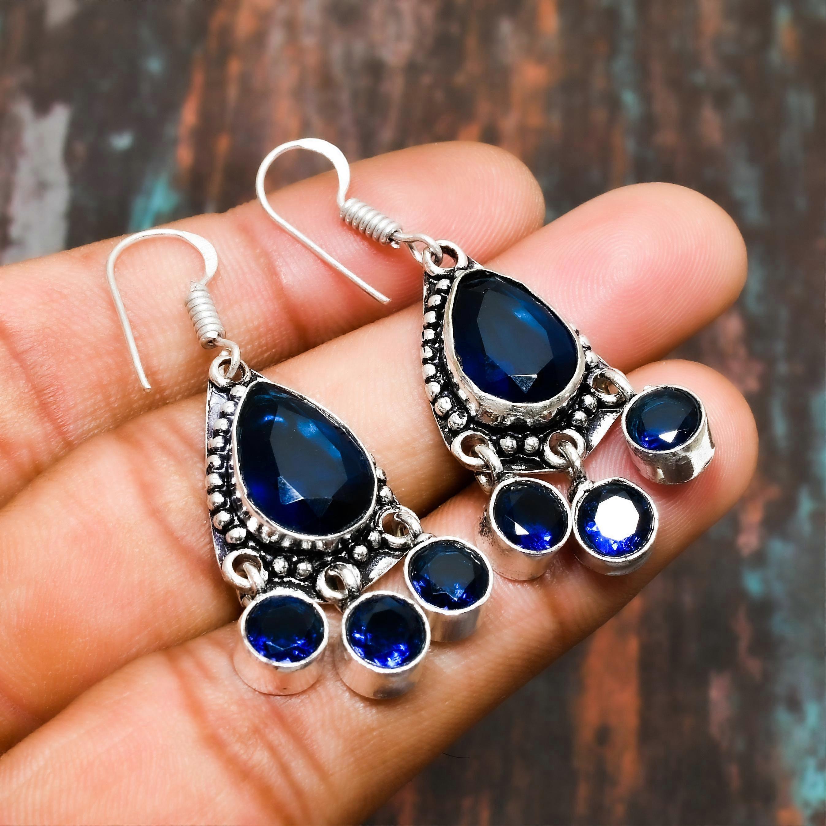 Orecchini fatti a mano in argento sterling 925 con topazio blu di Londra, pietre preziose, per lei