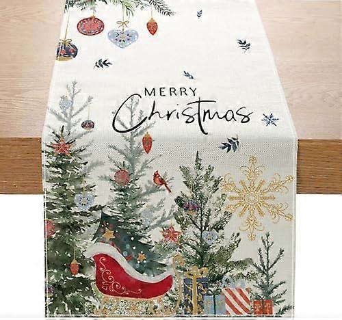 Christmas Table Runner Trees Snowflakes, 230 x 33 CM White Linen Christmas Table Runners with Christmas Tree Snowflakes Pattern, Christmas Dining Tabl
