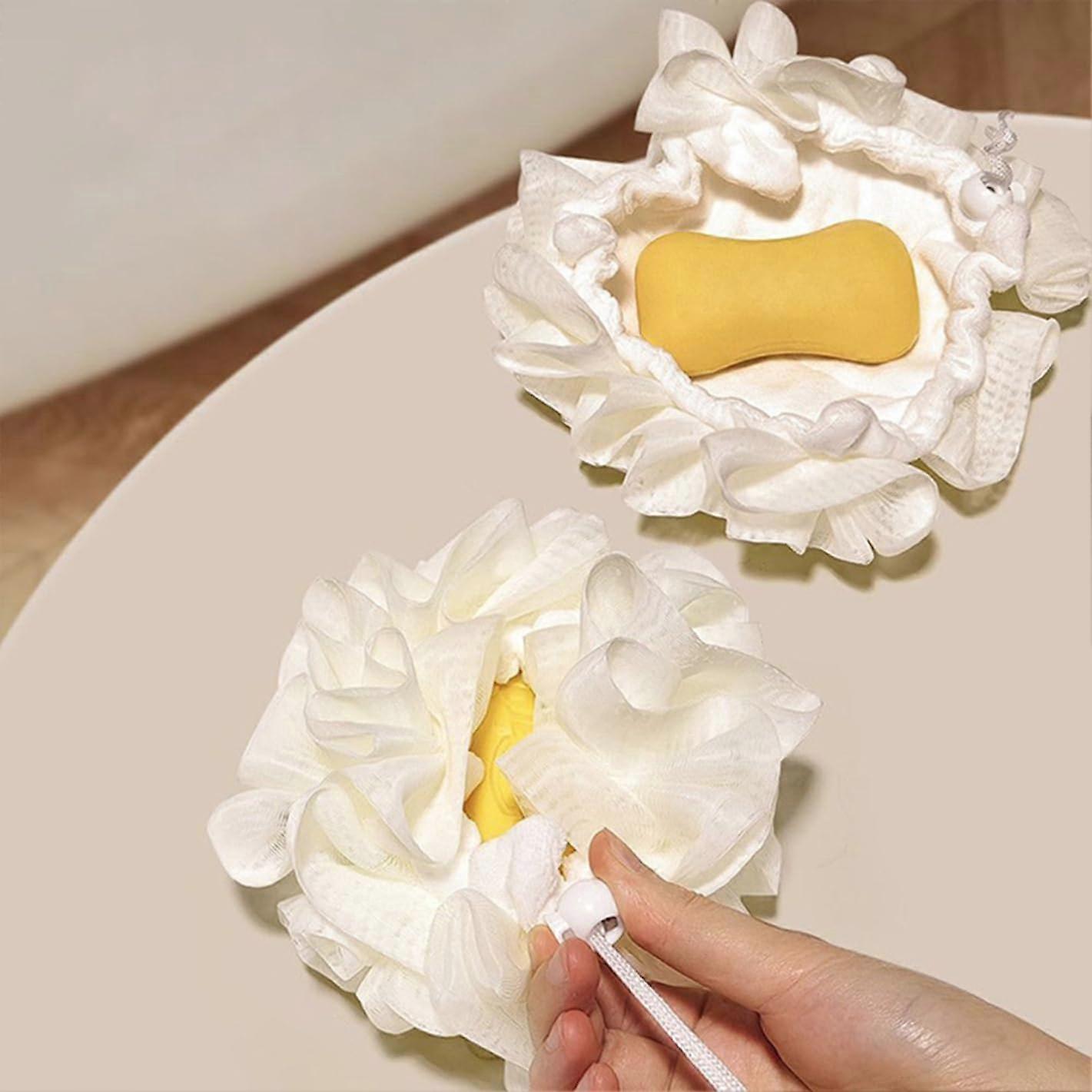 Bar Soap Pouch Set of 3 Exfoliating Mesh Bags for Body & Face Cleansing, Flower Shape, White