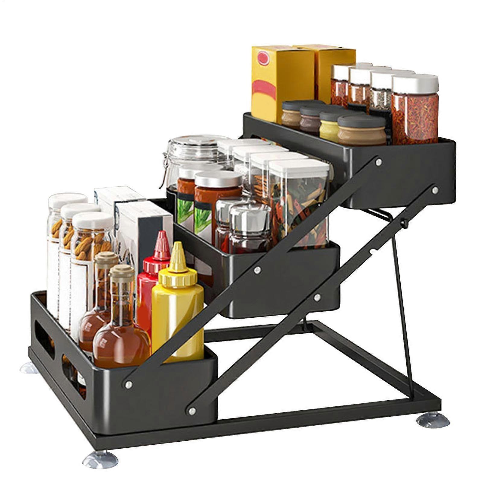 Seasoning Rack Organizer Adjustable ThreeTier Spice Organizer with Guardrails for Kitchen Countertop
