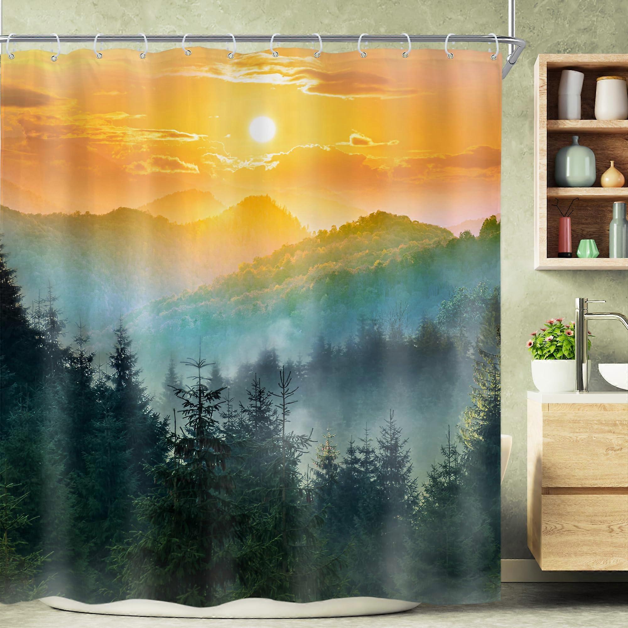 Waterproof Rustic Woodland Shower Curtain 72x72 Green Forest Polyester with Hooks EcoFriendly