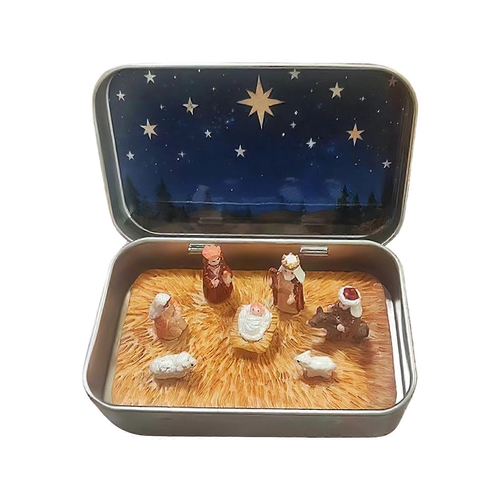 Mini Christmas Nativity Set in Tin Box with Resin Holy Family Figurines and Lamb for Desktop Display