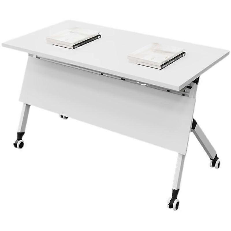 Folding Desk with Storage Shelf and Wheels for Small Spaces, White Wood Computer Table 63x23.5in