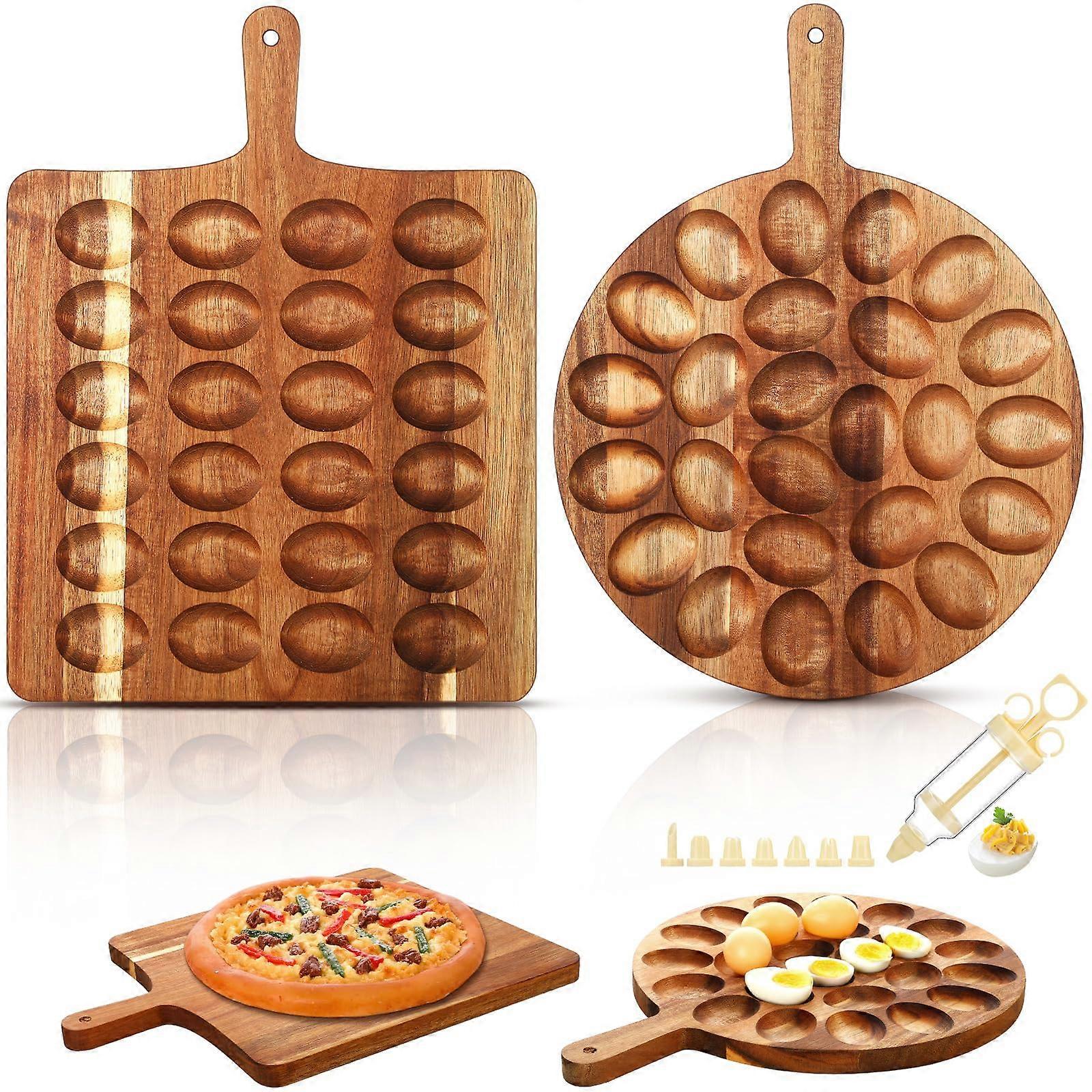 Deviled Egg Platter and Charcuterie Board Set, 49 Egg Capacity, Acacia Wood, Piping Tools