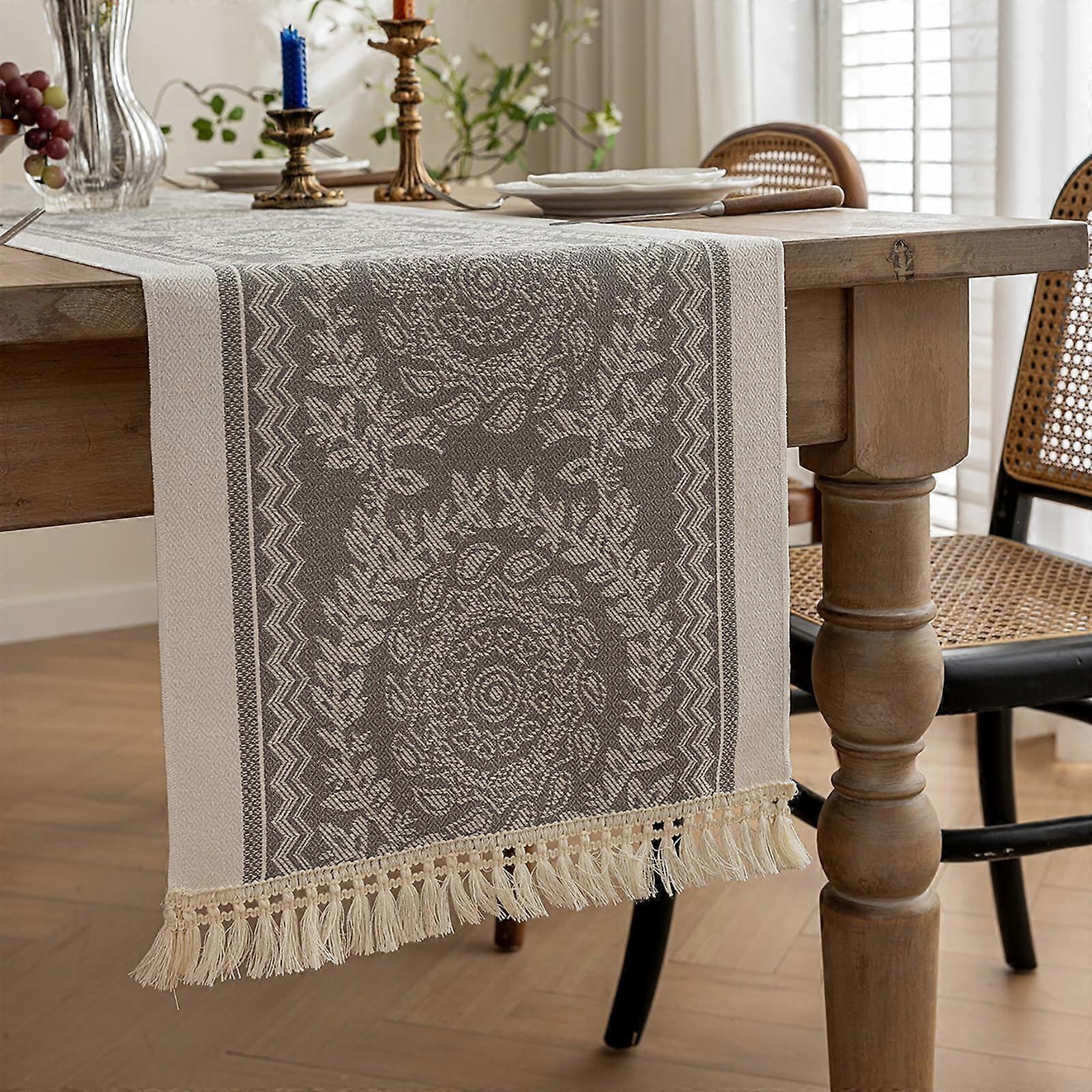 Farmhouse Rustic Polyester Table Runner with Tassel Edges Grey 14 x 70 Wrinkle Resistant