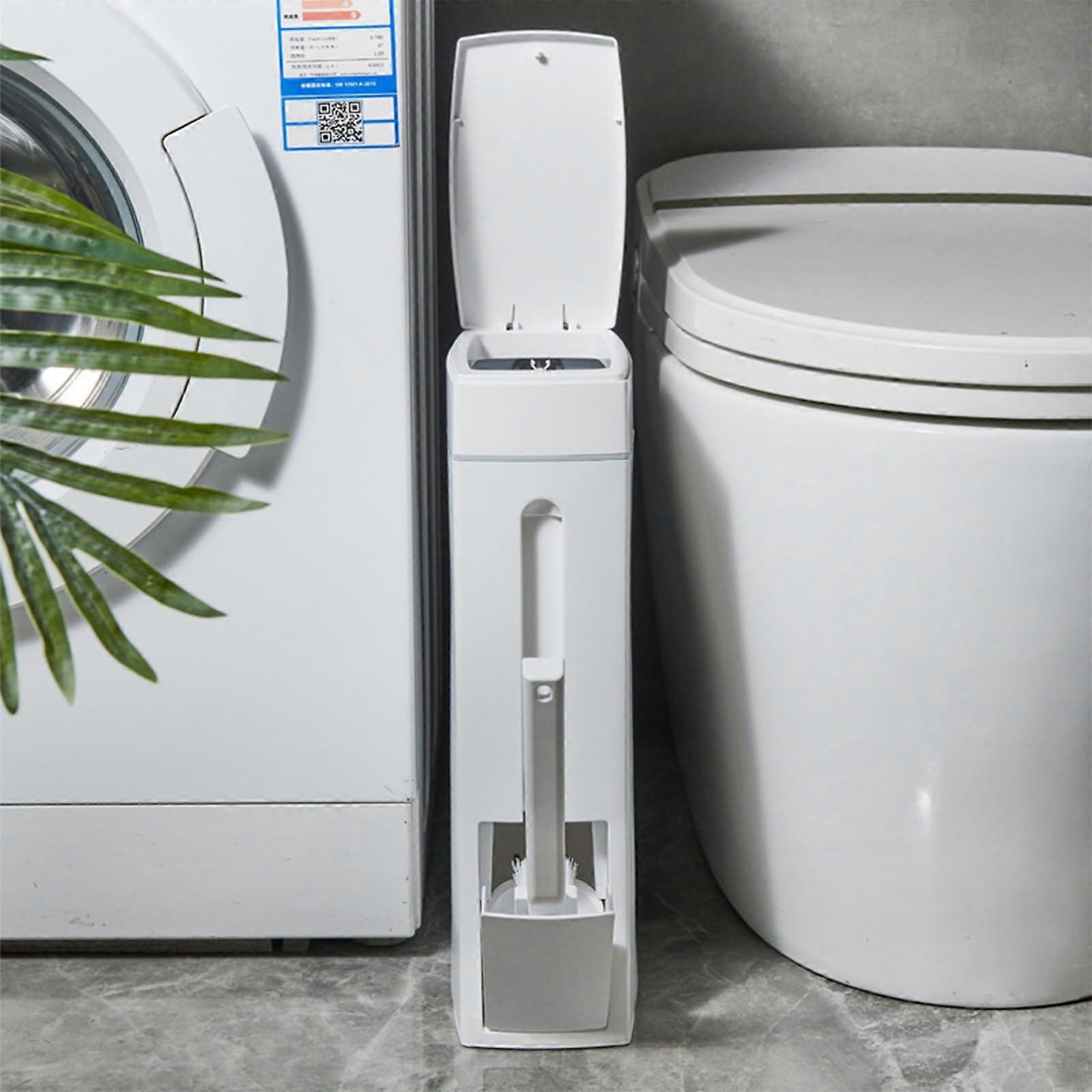 Bathroom Trash Can Set 4.5L Slim SpaceSaving with Press Lid and Hidden Toilet Brush White Rectangular