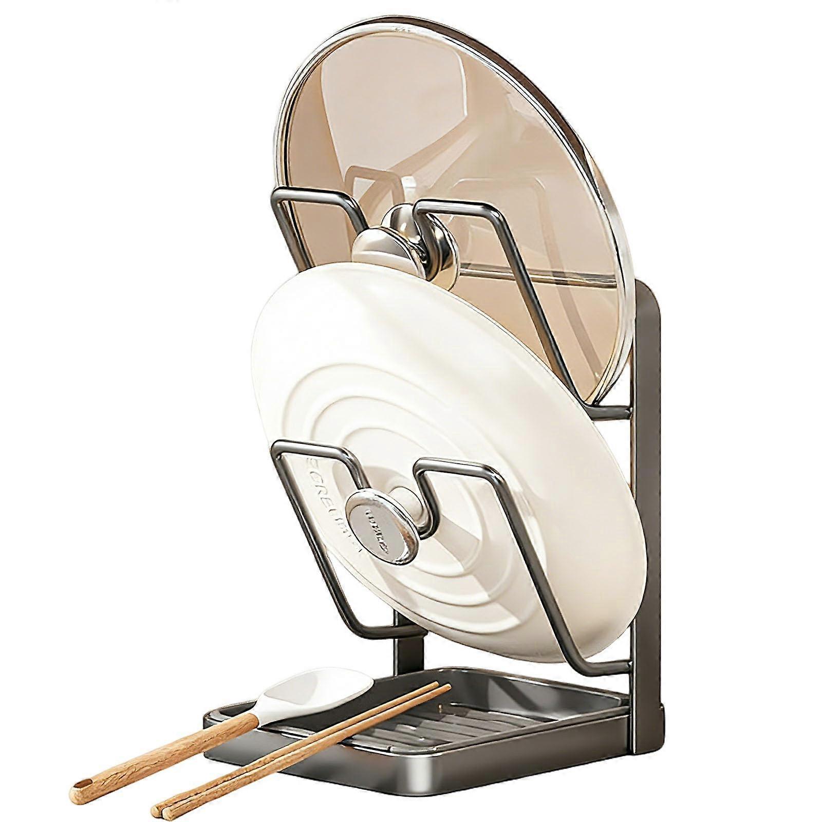 Pot Lid Organizer with Removable Drip Tray, Double Layer RustResistant Kitchen Lid Holder Rack