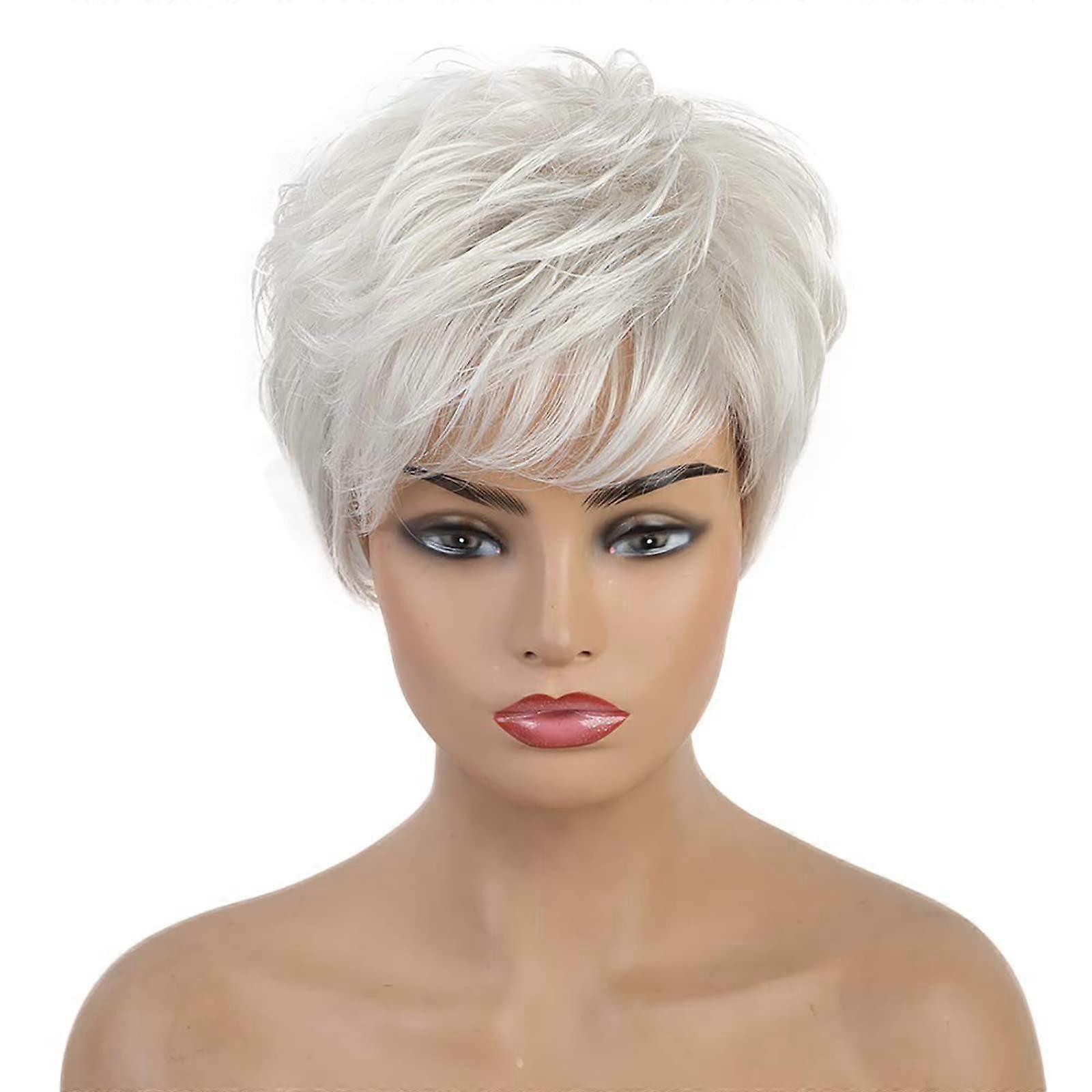 Short Pixie Cut Silver Grey Wig for Women with Bangs, Heat Resistant Fiber, Natural Pixie Style