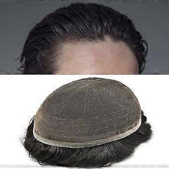 Mens Toupee French Lace 7x9 Inch Jet Black Human Hairpiece with Natural Hairline Breathable Base