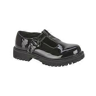 Girls T-Bar School Shoes Black Patent Flower Buckle Smart School Uniform Shoes