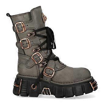 New Rock M-373XL-C119 Grey Brown Leather Gothic Mid-Calf Punk Platform Metallic Biker Boots