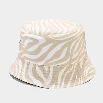 Unisex Zebra Pattern Print Bucket-Hat Double-Side-Wear Reversible Fisherman-Cap, Khaki